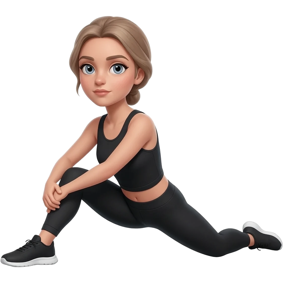 standing quad stretch holding one foot, fair-skinned woman, gray-blue eyes, ash brown brows, ash light brown hair tied back, slim athletic body, black workout set, black sneakers with white soles emoji