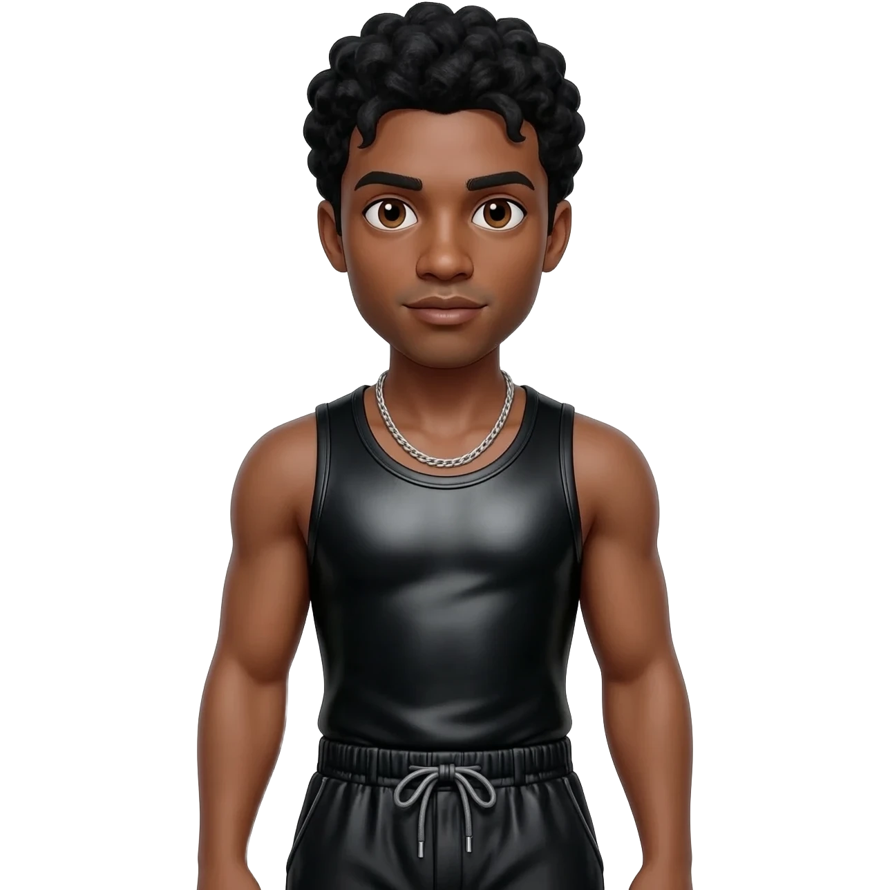 Usher with brown eyes, black hair, black metallic boat tank top, black metallic baggy pants, silver necklace emoji