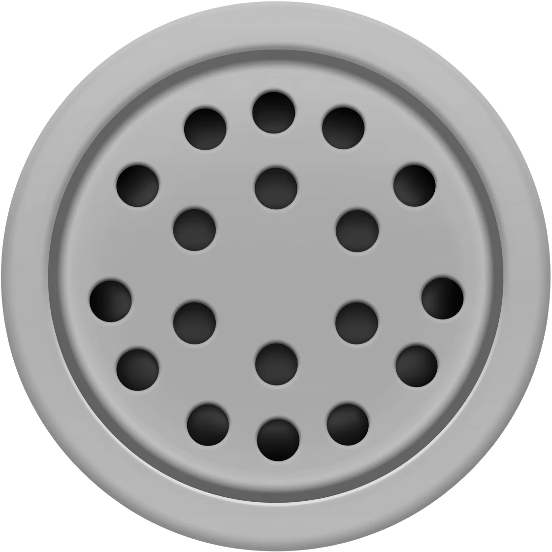 Minimal vector icon of a round bathroom drain. 
Top view, circular metal grate with evenly spaced holes, clean industrial design. 
Flat illustration, simple lines, soft grey metallic color, white or transparent background. 
Modern UI icon style, centered. emoji