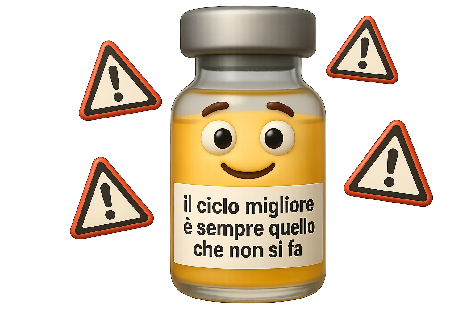 SU QUESTO STILE FAI UN EMOJI STILE IPHONE 3D DI UNa boccetta di fiala medica attorno alla quale fluttuano segnali di pericolo, sull'etichetta della boccetta c'è scritto "il ciclo migliore è sempre quello che non si fa", FALLO MOLTO REALISTICO IN 3D emoji