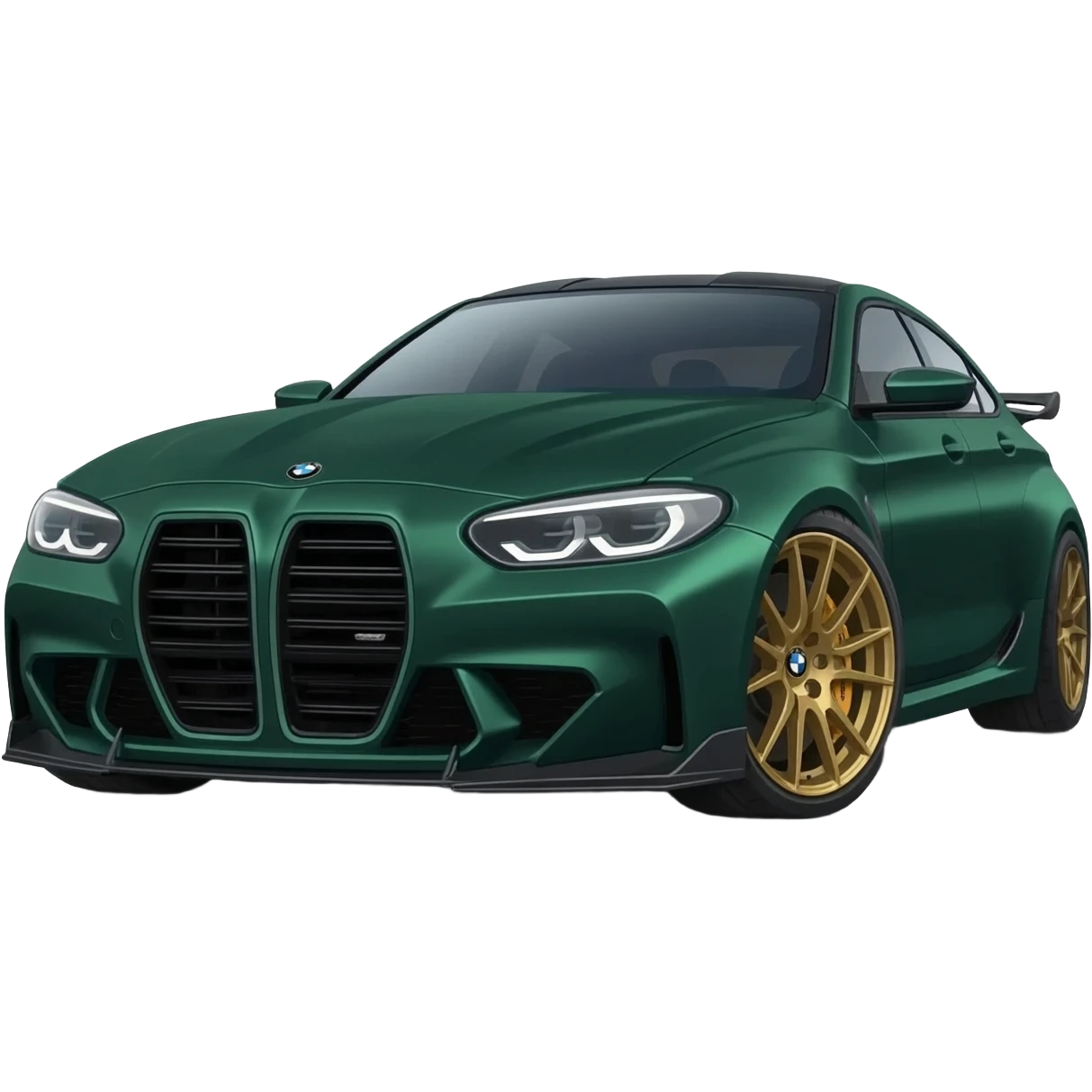 apple ios emoji style, matte dark green BMW M5 CS sports sedan, front three-quarter view, gold wheels, aggressive front bumper, soft 3D emoji rendering, glossy highlights, smooth gradients, simplified details, centered icon, white background, apple emoji design language, ultra clean, high resolution emoji
