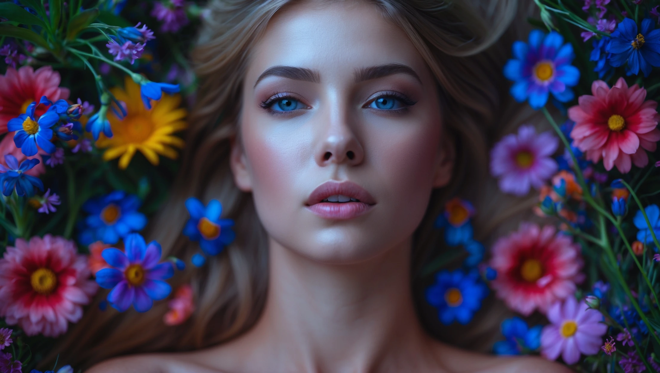 Camera drom top, Motion blur Extreme Closeup photo of a beautifull woman lay around beautifull colorfull flowers, cinematic light, 8K, very detailed, sharp emoji