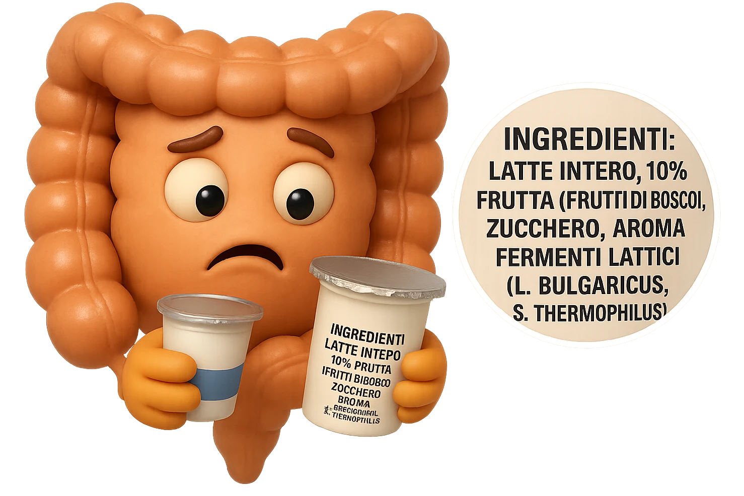 SU QUESTO STILE FAI UN EMOJI STILE IPHONE 3D DI UN INTESTINO CHE HA IN MANO UN BARATTOLO DI YOGURT CONFEZIONATO DA SUPERMERCATO E LEGGE L'ETICHETTA NUTRIZIONALE CON GLI INGREDIENTI IN ITALIANO, ACCANTO ALLO YOGURT CHE HA IN MANO C'è UN FOCUS SULL'ETICHETTA CON GLI INGREDIENTI SCRITTI, FAGLI UN ESPRESSIONE CONFUSA MENTRE LEGGE E FALLO MOLTO REALISTICO IN 3D emoji