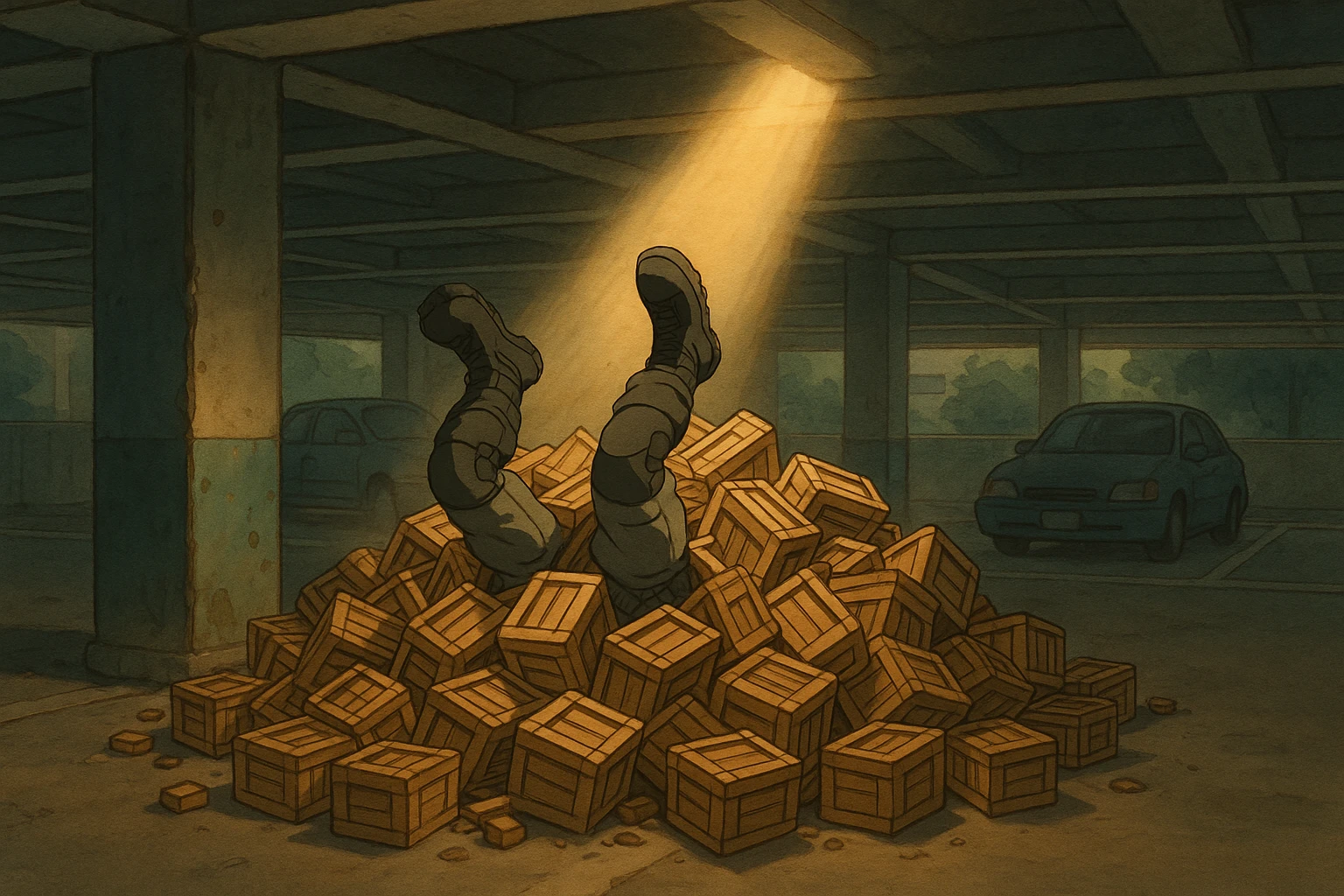 A pile of small oblong crates hidden in a parking structure with a beam of light shining from above, with someone’s boots sticking out like they dove in, tactical gear clothing  emoji