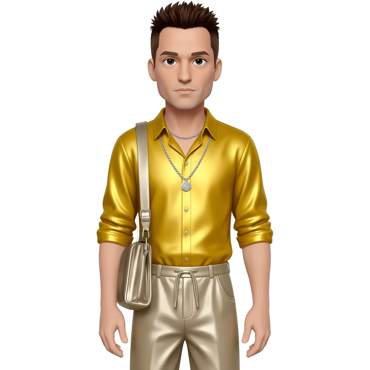 Serj Tankian with dark brown hair, yellow metallic shirt, beige metallic baggy pants, silver necklace emoji