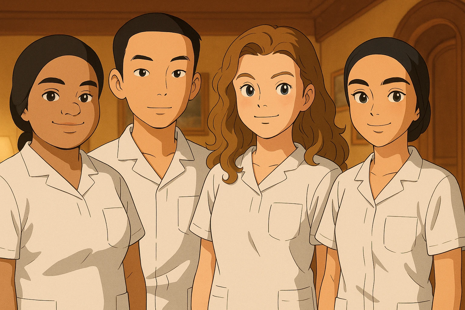 Four nursing students side by side in a warm indoor ambiance, wearing white short-sleeve uniform tops resembling medical tunics with V-neck collars and left chest pockets, no stand-up collars, no hijabs or undergarments beneath the tunics, no stethoscopes. Each student has the face from the provided portraits, styled in Ghibli style, group composition. emoji