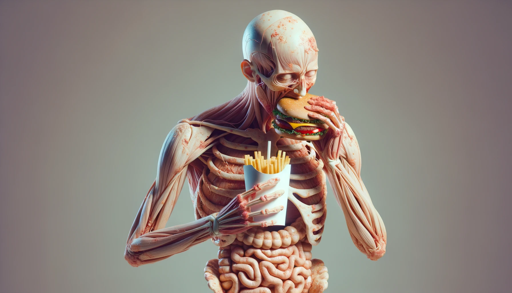 CORPO UMANO ANATOMICO CHE MANGIA FAST FOOD E STA MALE, SFONDO NEUTRO CHIARO, IPERREALISTICO 4K emoji