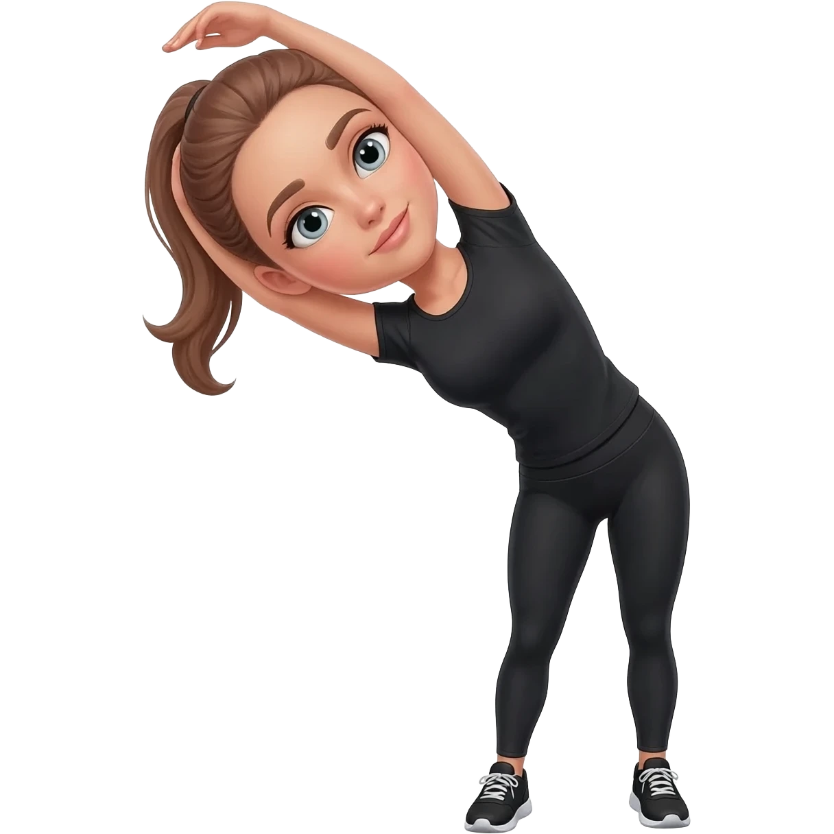 gentle bedtime stretch with sleepy mood, fair-skinned woman, gray-blue eyes, ash brown brows, ash light brown hair tied back, slim athletic body, black workout set, black sneakers with white soles emoji