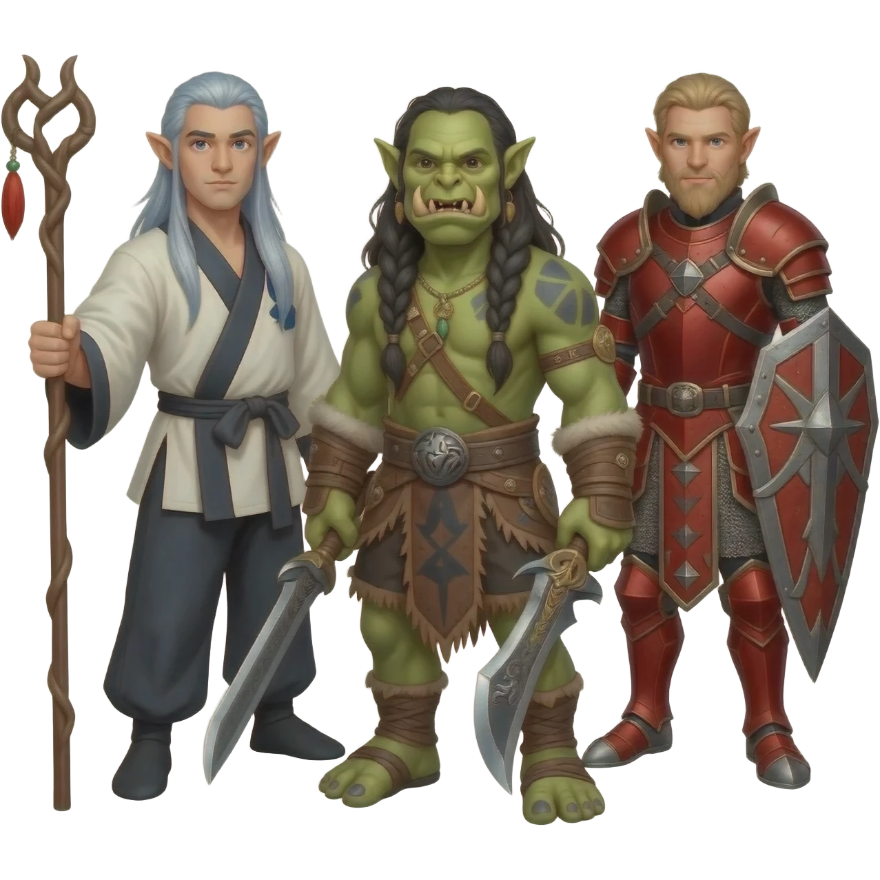 A male elf kungfu master with a staff and long silver blue hair, a male orc shaman with weapons in each hand, and a male elf paladin in red armor, as a group emoji