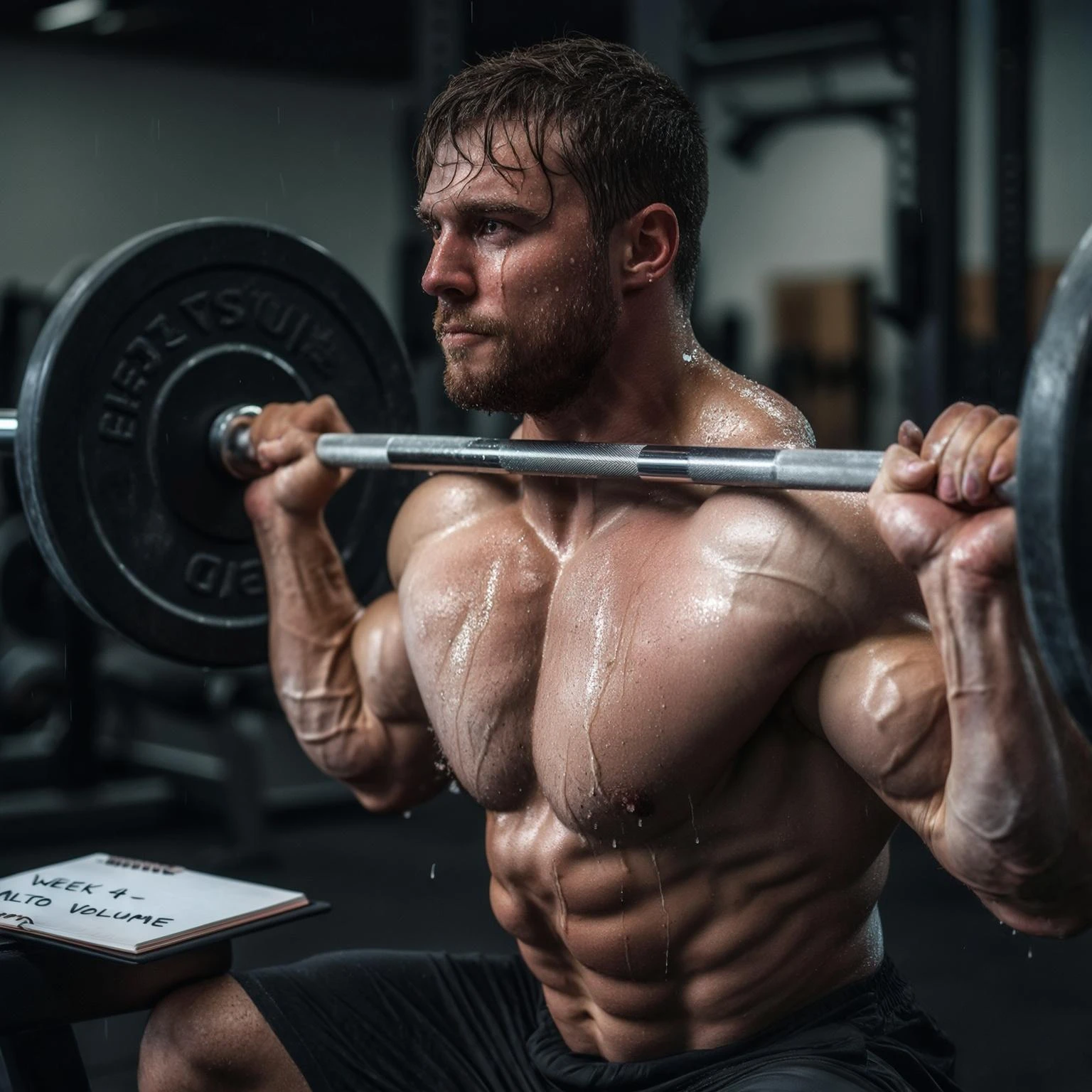 A muscular man in his early 30s, mid-workout in a gym, sweating heavily, expression showing fatigue and strain but still focused. He’s performing heavy barbell squats or deadlifts, with chalk-covered hands, and a visible training logbook nearby showing notes like 'Week 4 – Alto Volume'.  emoji