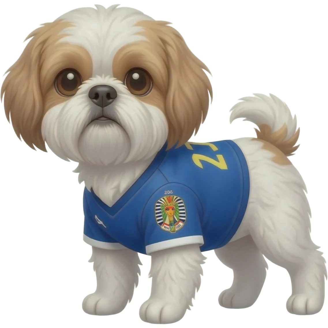 white and light brown shih zhu wearing a Egypt soccer jersey v neck 2026 work cup emoji