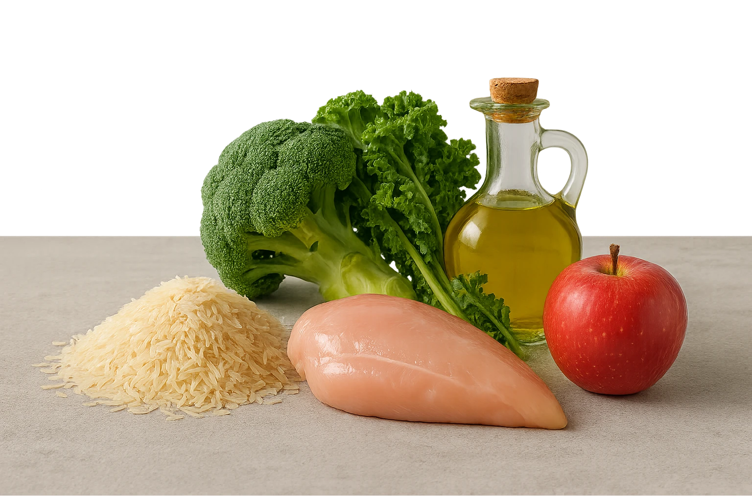 Riso basmati
Petto di pollo
Verdura fibrosa verde
Olio EVO
Mela
poggiati sul tavolo emoji