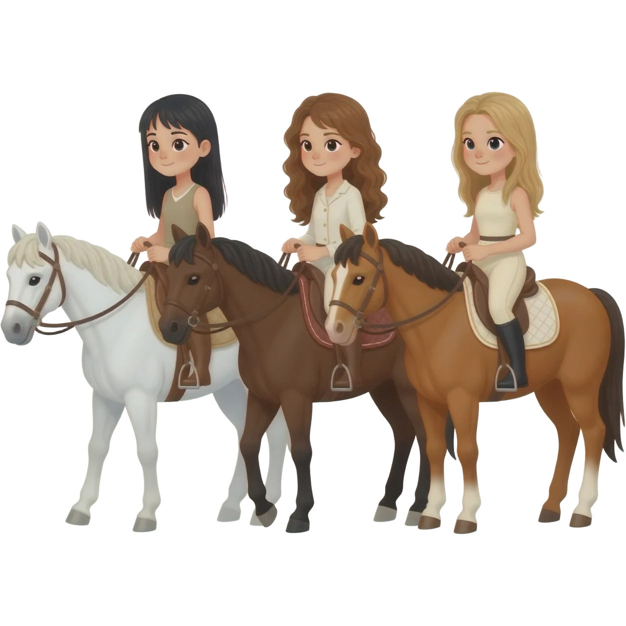 Three horses white bay and sorrel with three riders on the bay horse a girl with dark straight hair on the sorrel horse a girl with wavy brown hair and on the white horse a girl with sandy hair emoji