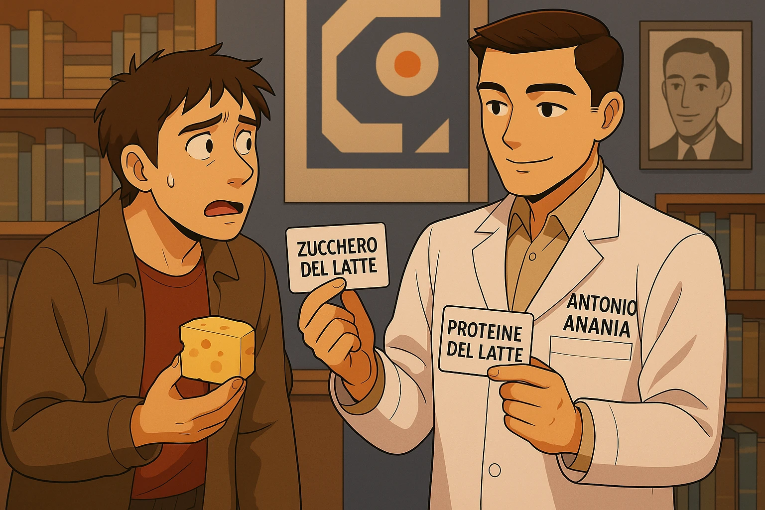 fai un webtoon manga a colori con questo stile, in cui un uomo fa una domanda al kinesiologo con il camice bianco (fagli anche la scritta "ANTONIO ANANIA" SUL CAMICE, l'uomo chiede una cosa mostrando un formaggio e uno yogurt al kinesiologo con il camice, IL KINESIOLOGO annuisce e SPIEGA ALL'UOMO UNA cos. L'UOMO ha un ESPRESSIONE CONFUSA IN VOLTO. non fare i fumetti però, fai solo in modo che sembri stiano parlando emoji
