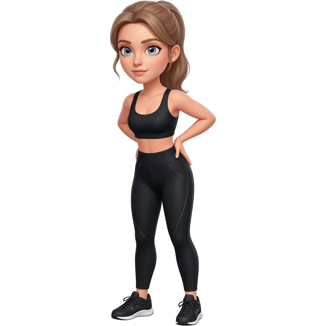 holding lower back with both hands, fair-skinned woman, gray-blue eyes, ash brown brows, ash light brown hair tied back, slim athletic body, black workout set, black sneakers with white soles emoji