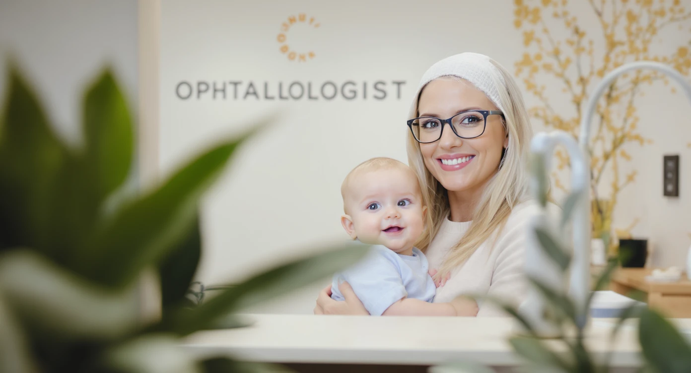 Cinematic still, blurred plants in the foreground (close to the camera), Proffesional advertising of a smiling european white woman with glasses smiling holding baby, minimalistic ophthalmologist interior in background, leading  lines, "rule of thirds", 60/30/10 colors, soft light, warm colors emoji