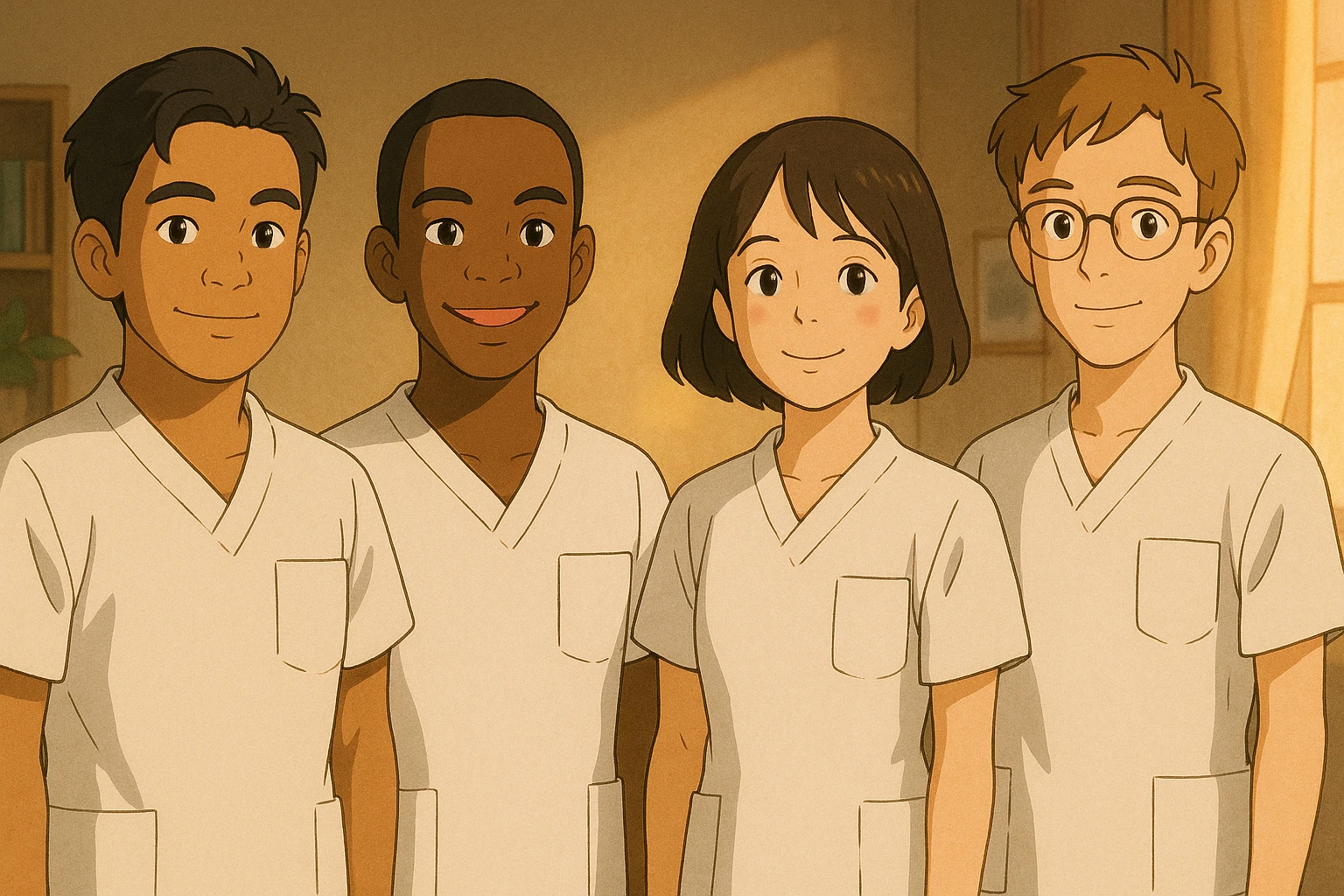 Four nursing students standing side by side, inspired by four referenced faces, in Ghibli style, wearing short-sleeved white medical uniforms without collars, no undershirts or stethoscopes. The tops are medical tunics with V-neck collars and a left chest pocket. Warm indoor ambiance. emoji