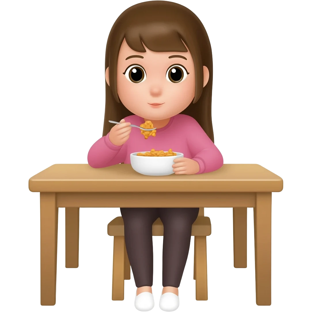 The girl is sitting at the table and eating emoji