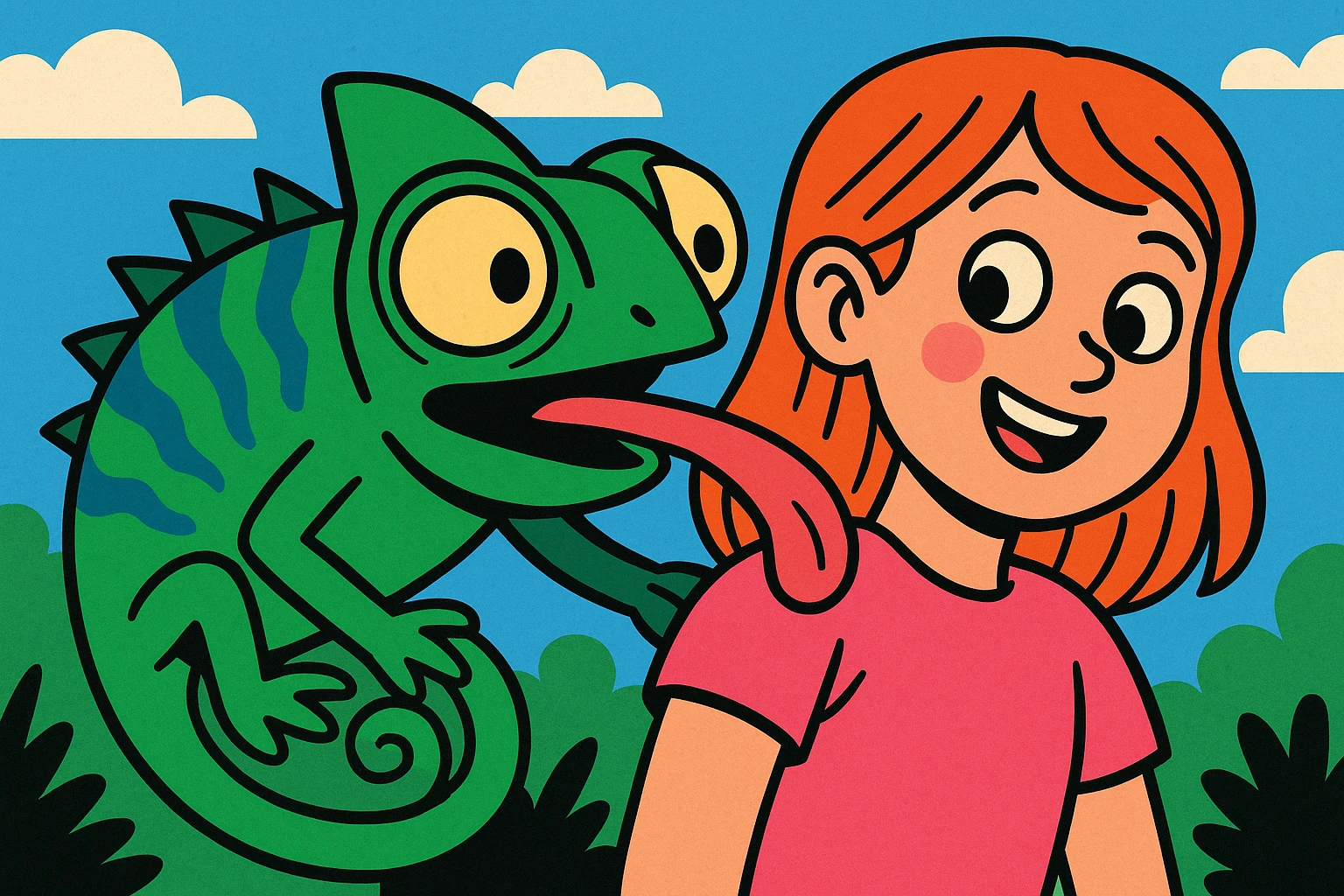 whimsical chameleon with bulging eyes licking a girl's shoulder, comic illustration, cheerful emoji