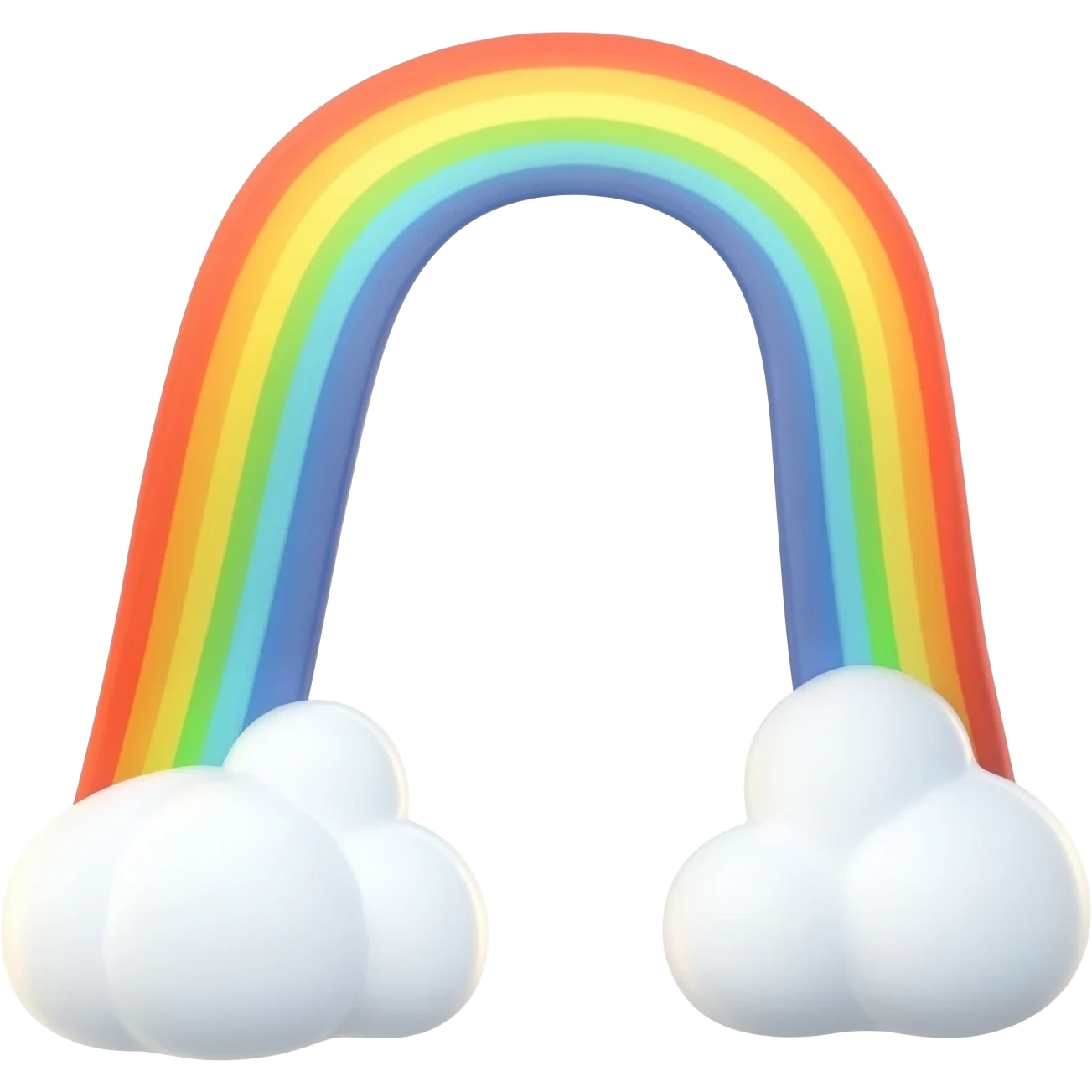 A vibrant, full-color rainbow arch with fluffy white cartoon clouds at both ends. 3D rendered emoji style, glossy finish, clean edges, isolated on a pure white background. Bright and cheerful lighting. emoji