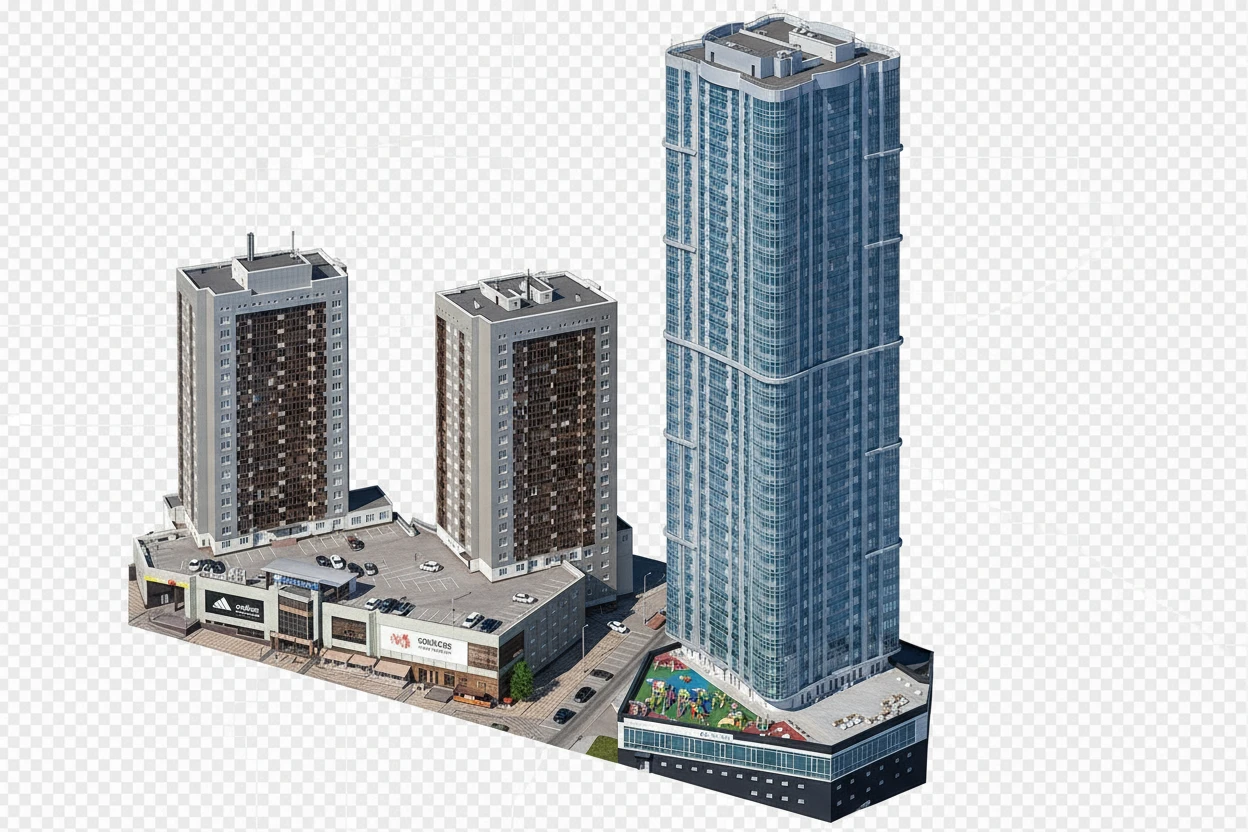 Изометричная, яркая, детализированная, объемная и фотореалистичная иллюстрация ЖК «Volga Sky» в Саратове. Чёткие контуры, не размазанные линии, высокое качество, прозрачный фон, не обрезать края картинки emoji