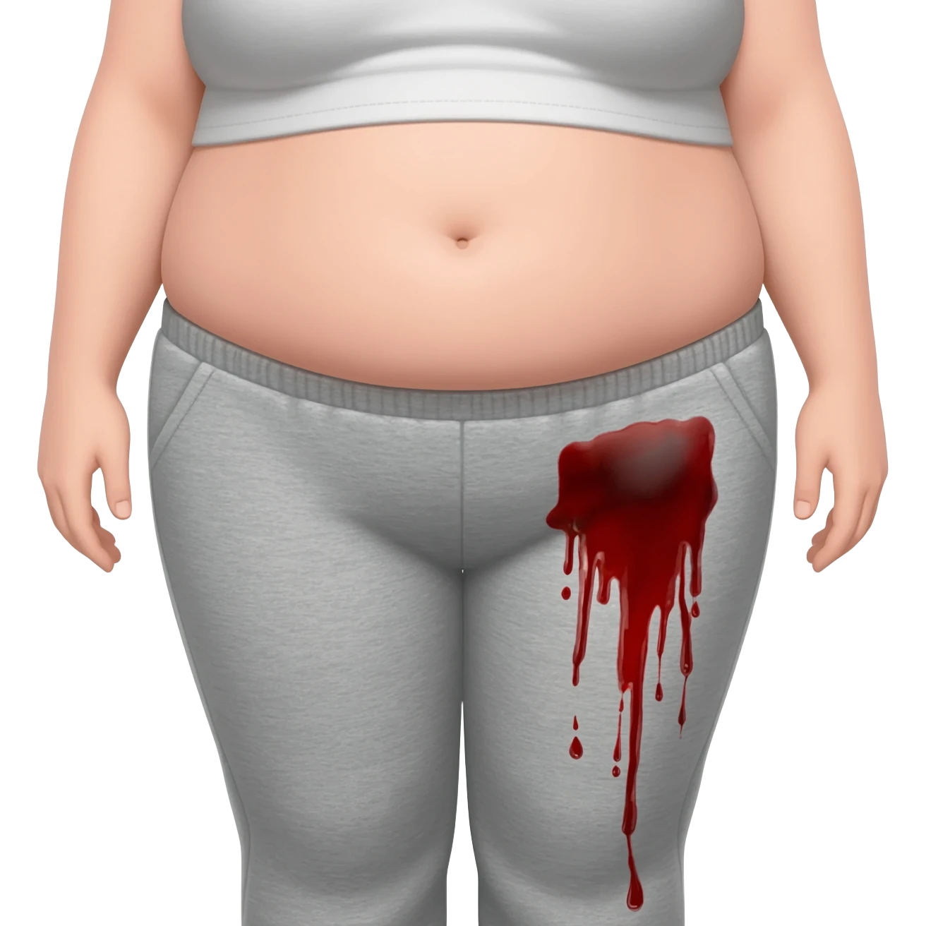 chubby girl fullbody with grey sweatpants on and blood dripping down from crotch to inside thigh emoji