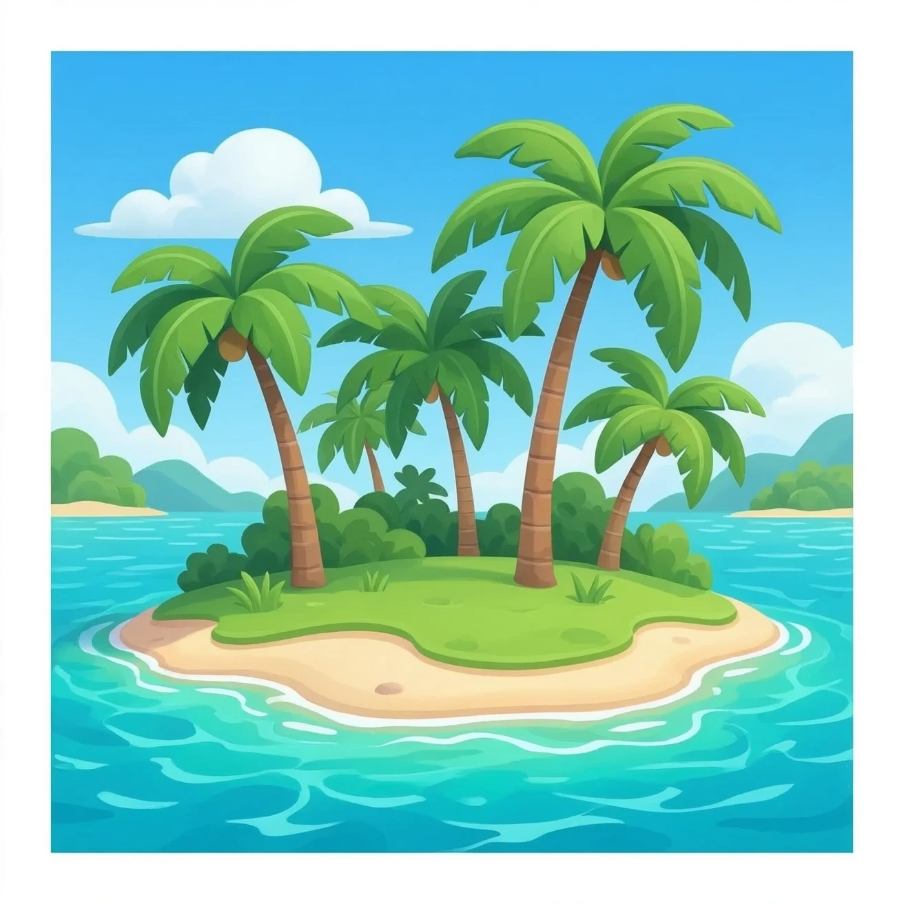 tropical island with palm trees and turquoise water, small floating island, isolated object, centered composition, transparent background, sticker style emoji