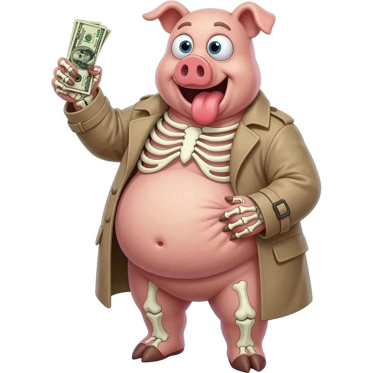 jiggly fat skeleton with bulging eyeballs and massive tongue sticking out rubbing its fat belly holding up a dollar bill with a pig wearing a trenchcoat emoji