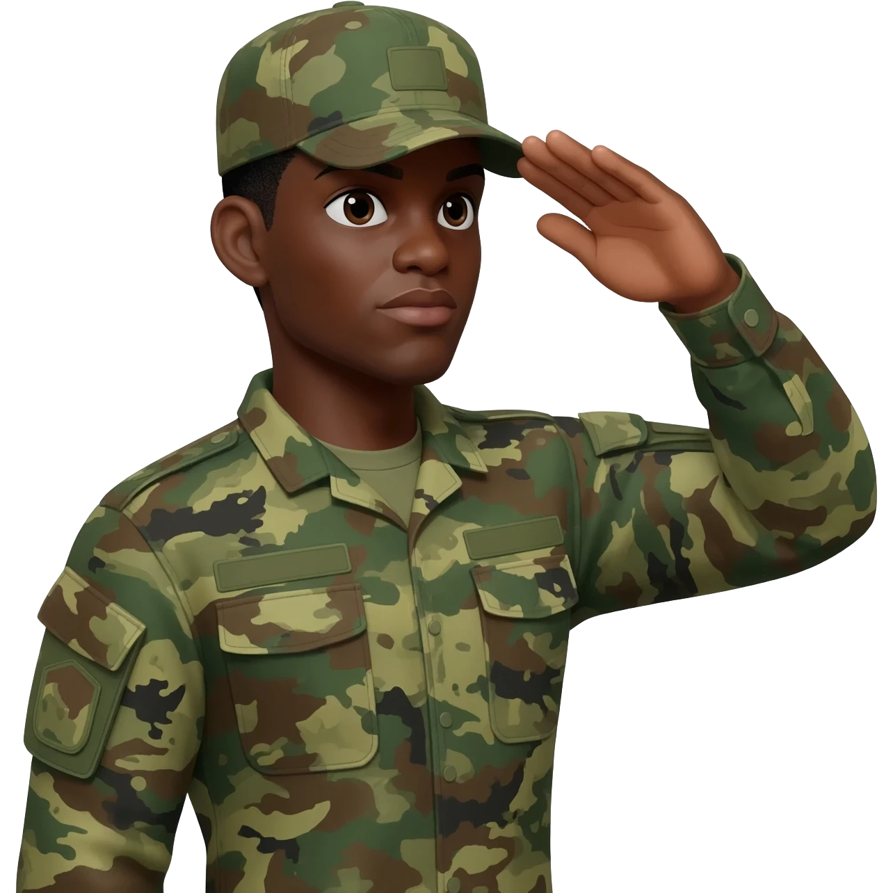 I need a black male military put the military cap on this soldier he has to have a military cap on more like campaign covers used by drill, instructors or state police officers make soldier well built with muscle muscles soldier and camouflage green uniform saluting emoji