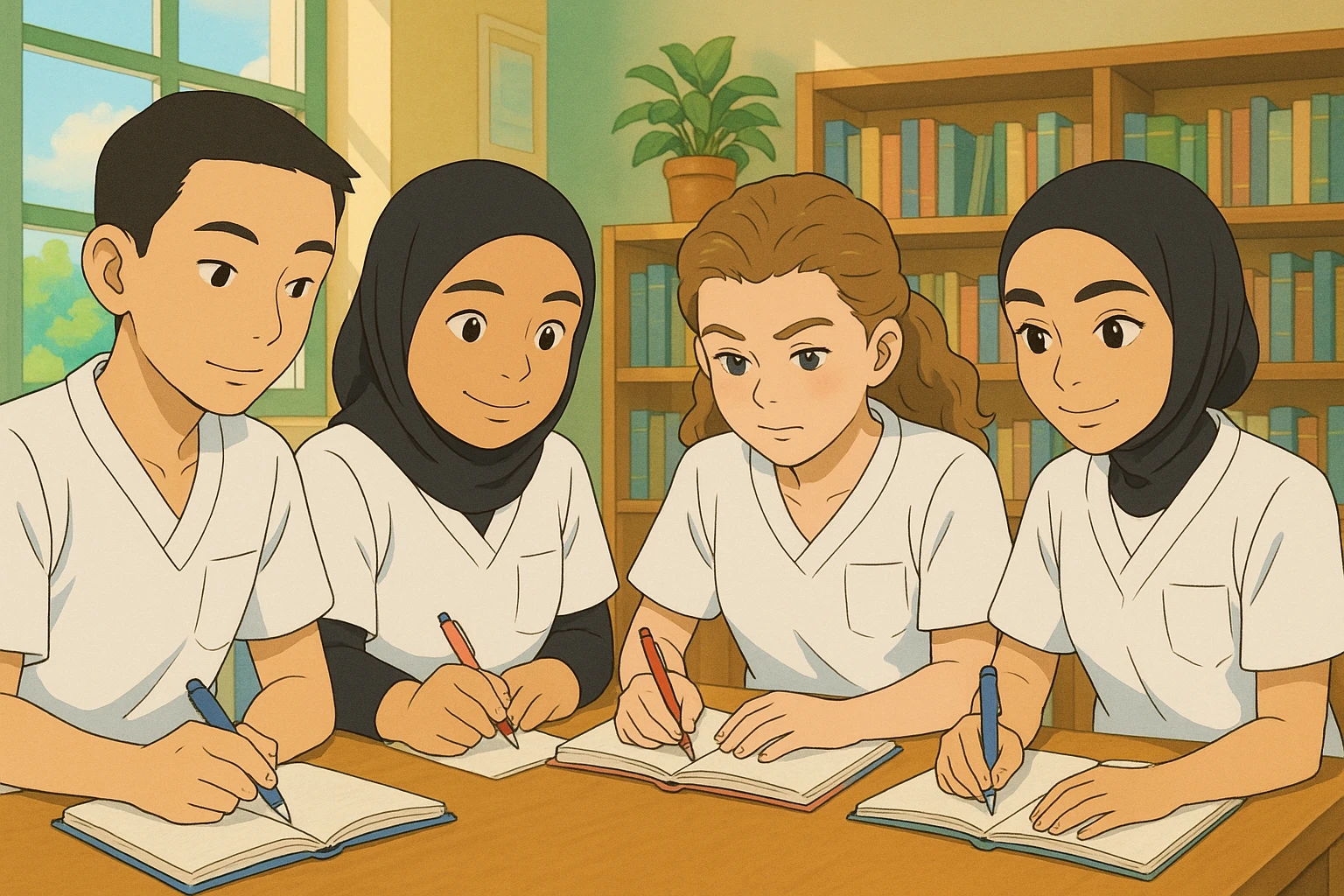 Four nursing students, Ghibli style, inspired by the faces in the photos, taking notes together at a table. They wear short-sleeved white uniforms with V-neck medical tunics, left chest pocket, no collar stand, no stethoscopes, bare forearms, and long hair tied back for those who have it. The interior decor is bright and studious. emoji