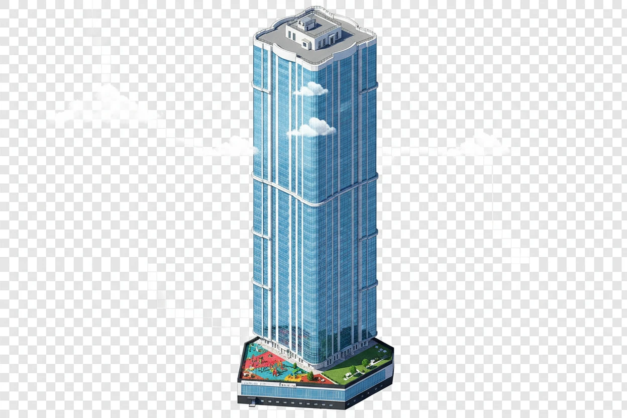 Изометричная, яркая, детализированная, объемная и фотореалистичная иллюстрация одной отдельной башни ЖК «Volga Sky» в Саратове. Чёткие контуры, не размазанные линии, высокое качество, прозрачный фон, не обрезать края картинки emoji