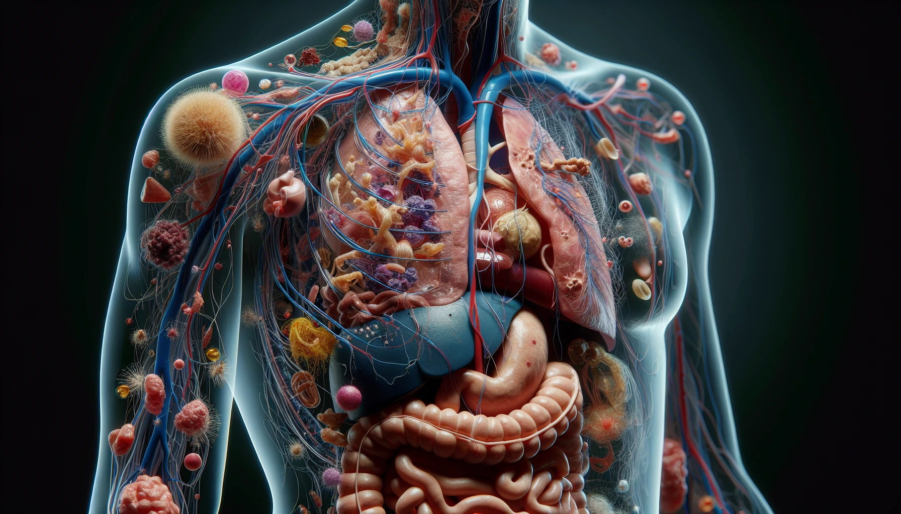 corpo umano anatomico che accumula tossine e malattie nel corpo , iperrealistico 4k emoji