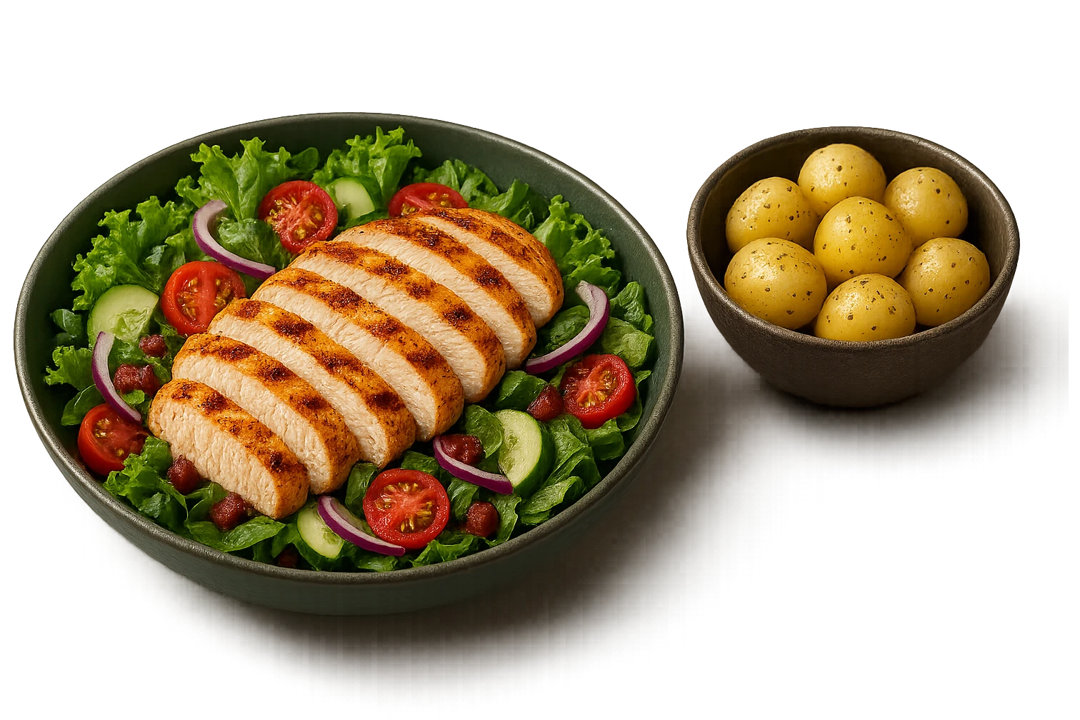 insalate con petto di pollo grigliato e bowl di patate cotte poggiate per terra, iperrealistico 4k emoji