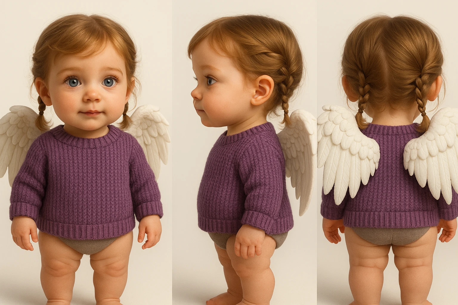 3D realistic game concept art of a cute baby girl, golden brown hair in little braids, charming blue eyes, wearing a cute purple knit sweater, with angel wings on her back, three-view lineup (front, side, back), clean background, high-end, creative, minimalist emoji