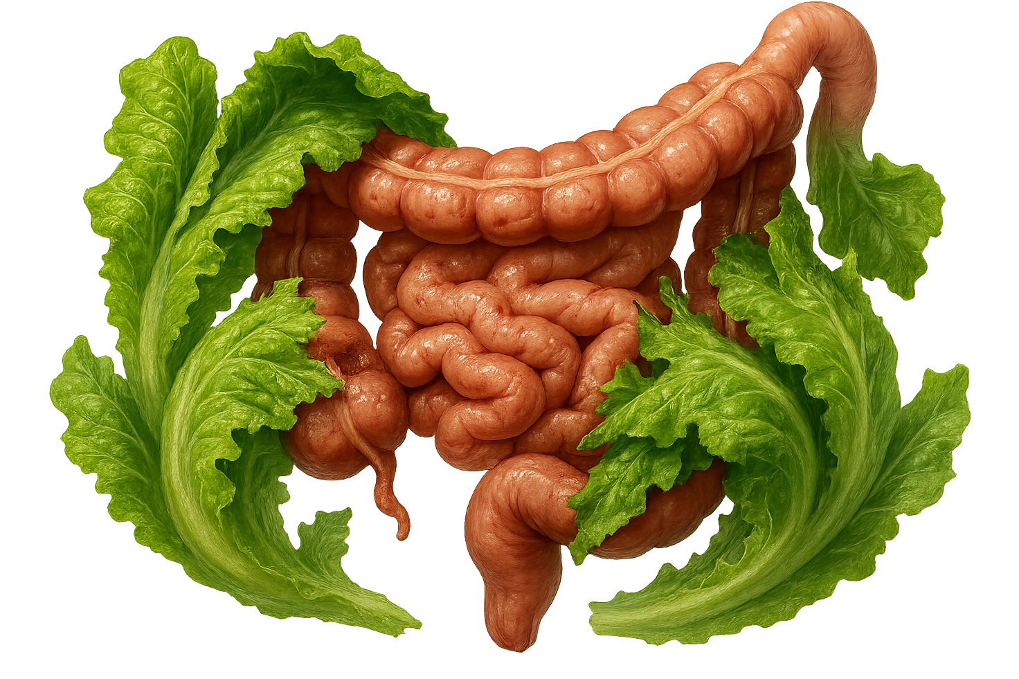 foglie di insalata che attaccano un intestino anatomico umano per distruggerlo, iperrealisticoù emoji