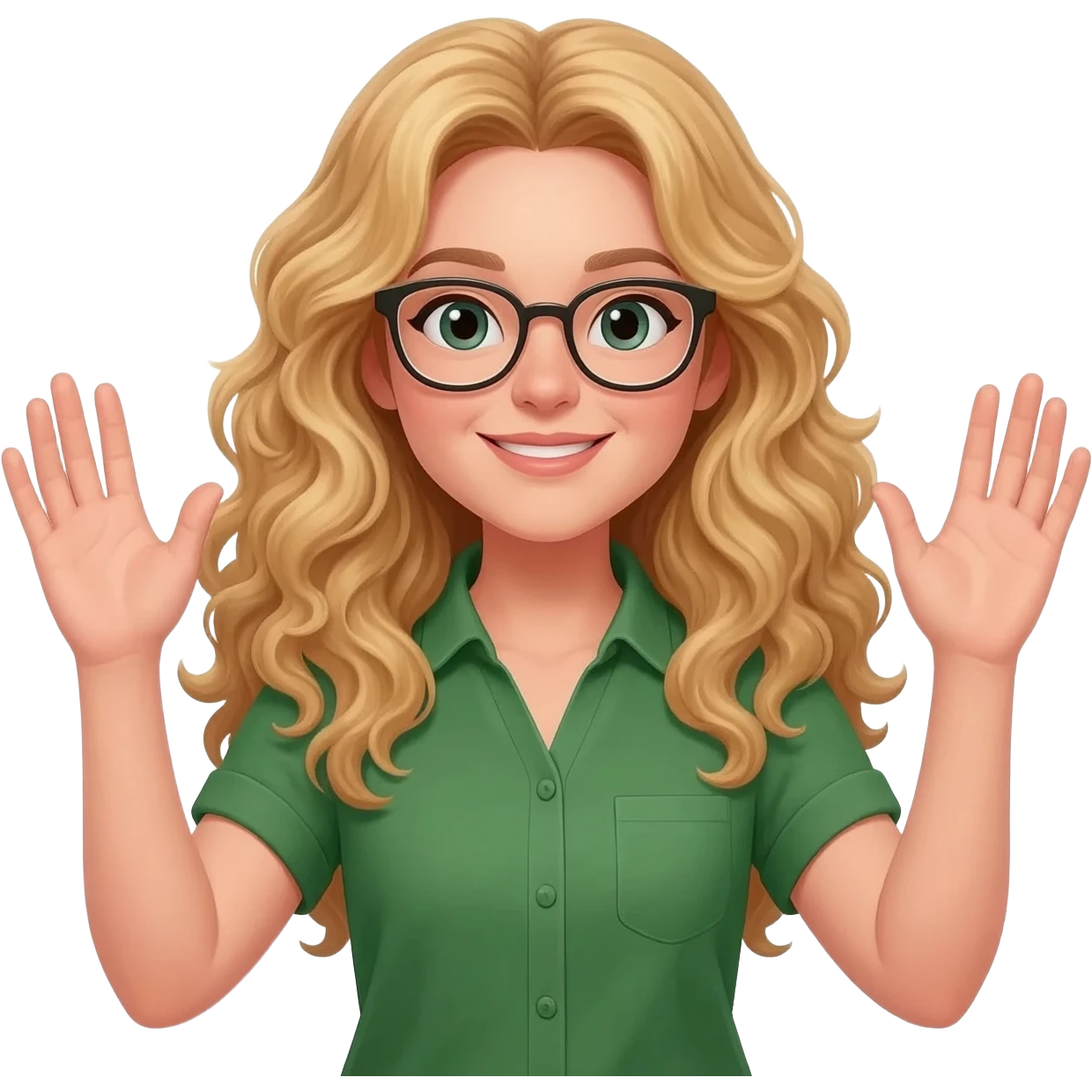 green shirt hands in the air woman with long curly blonde hair an glasses emoji