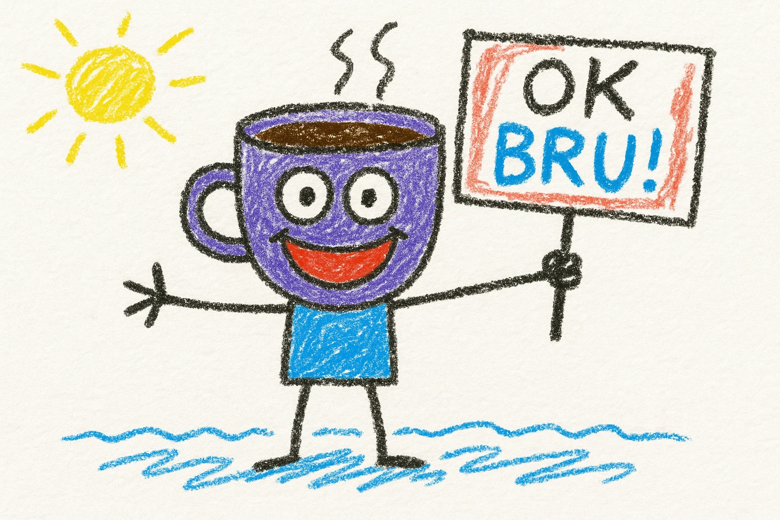 coffee cup man with a big smile, holding a sign that says 'OK BRU!' playful for 'OK bro', chalk pastel look, hand-drawn, dark background, kids' doodle style emoji