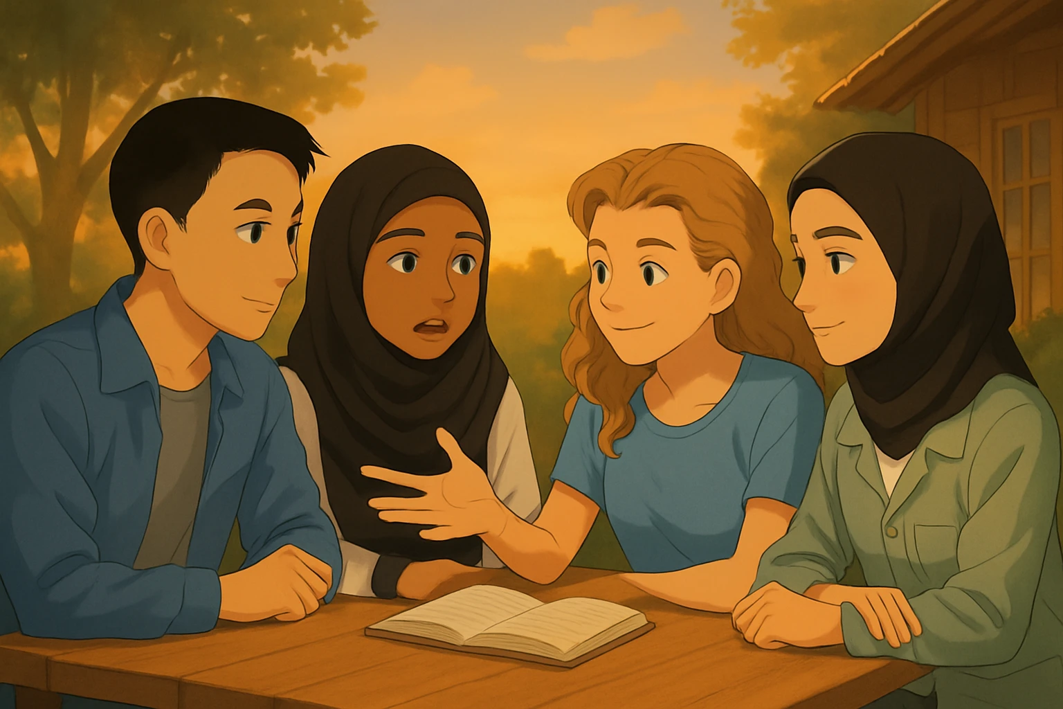 Continuation of the scene: The second girl in hijab (to the left of the blonde girl) is speaking, others are listening. Gentle wind visible in her hair and the book's pages. Faces remain identical to the original image. emoji