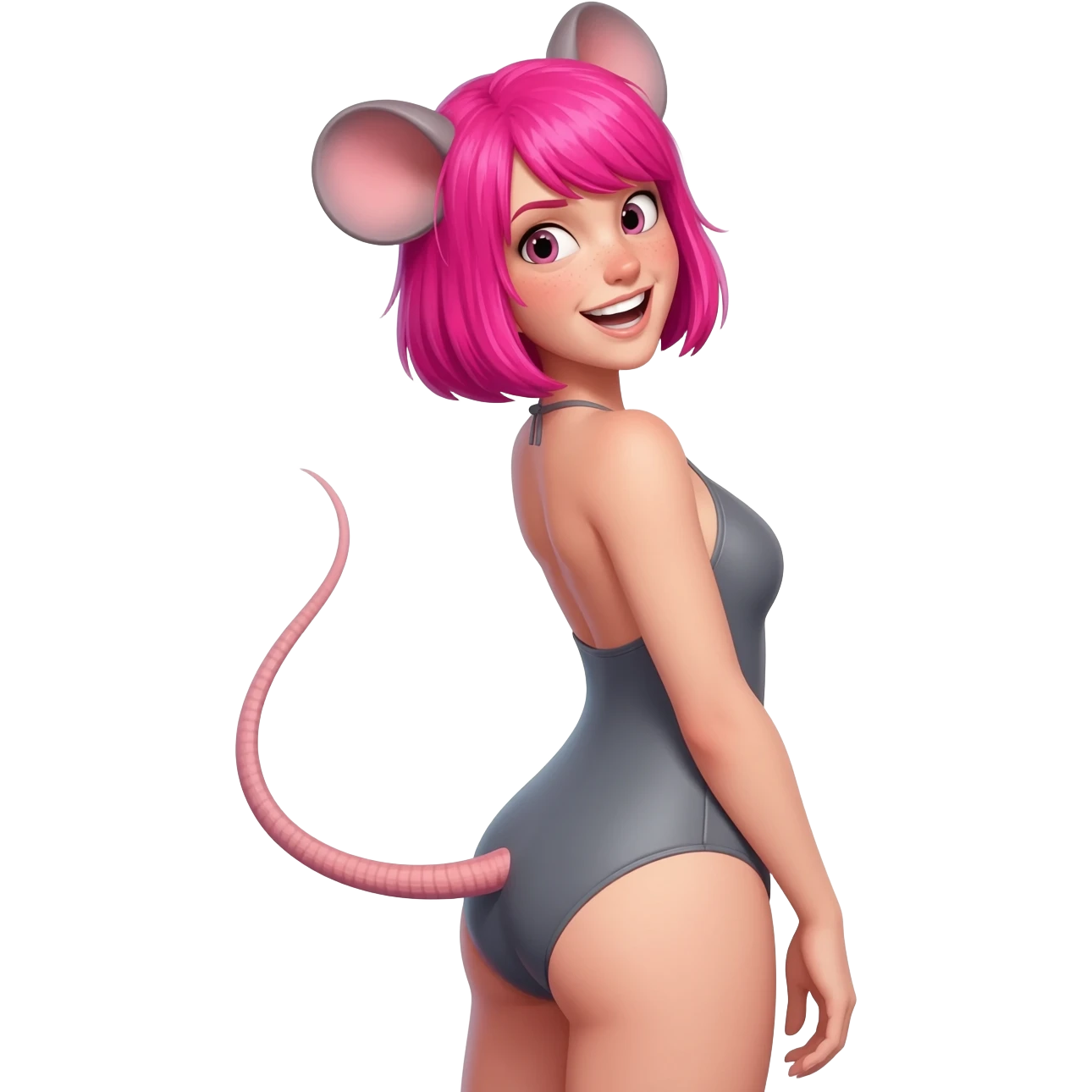 The woman with a bright head and rat ears, with a rat tail is backwards in half-turn she is wearing a grey swimsuit and she has a viscous. emoji