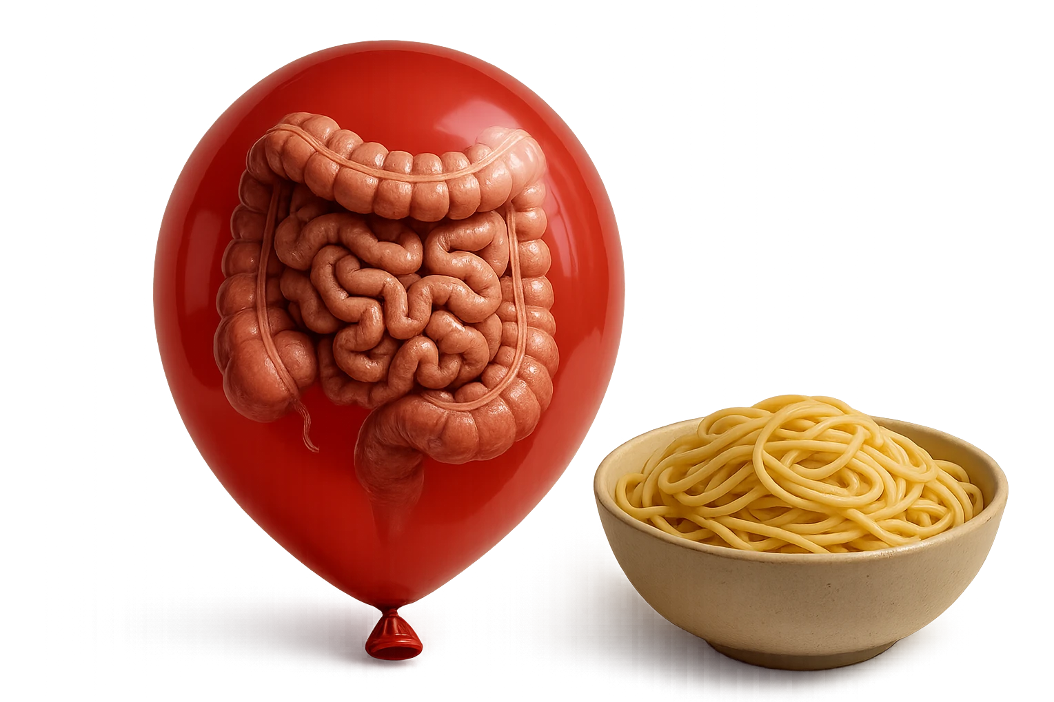 intestino umano anatomico chiuso in un palloncino rosso che simboleggia gonfiore, accanto una bowl di pasta, iperrealistico 4k emoji
