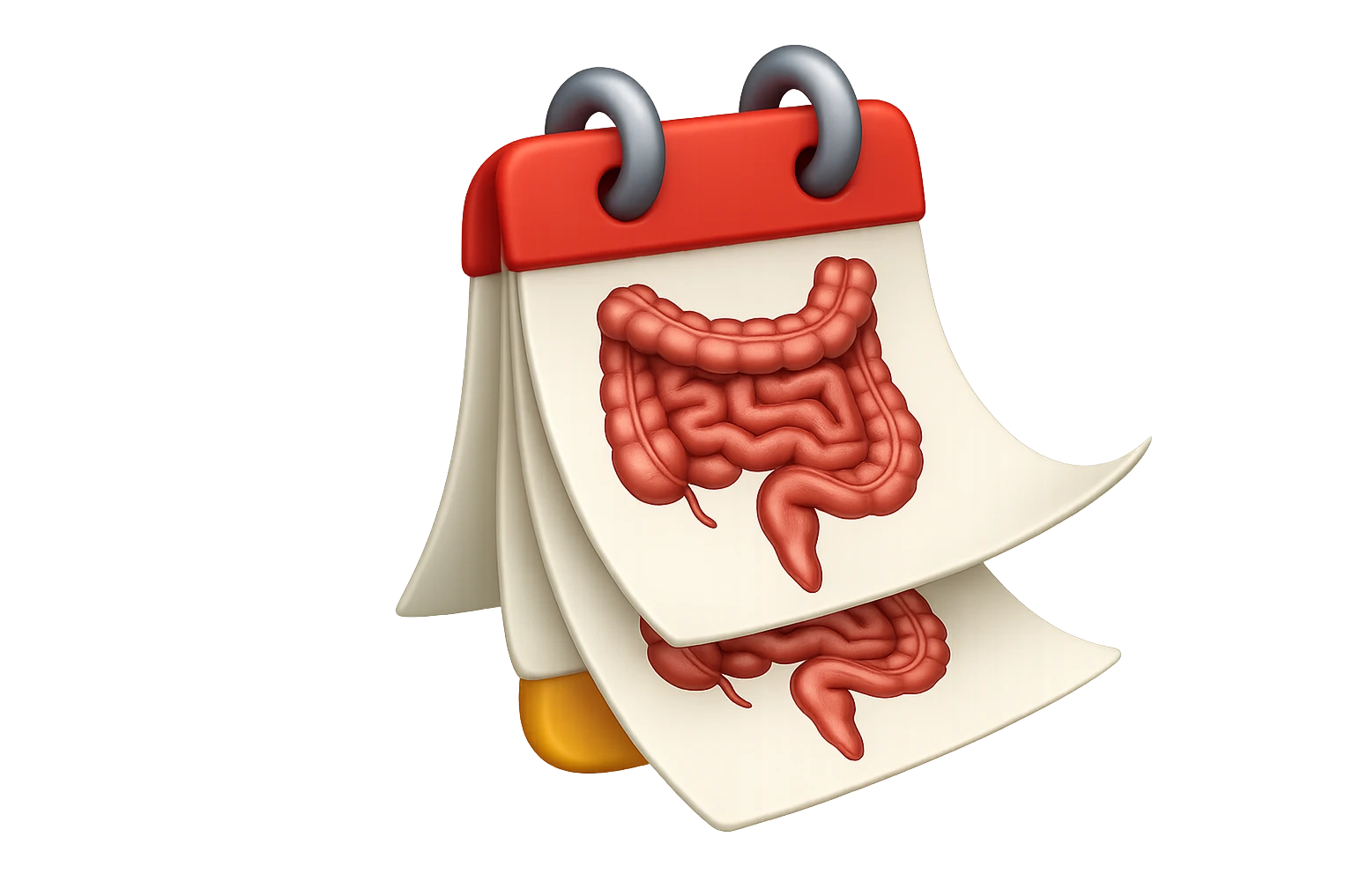 emoji stile iphone di un calendario con fogli che volano insieme, sui fogli ci sono disegnati degli intestini anatomici, iperrealistico 4k, isolato su sfondo bianco emoji