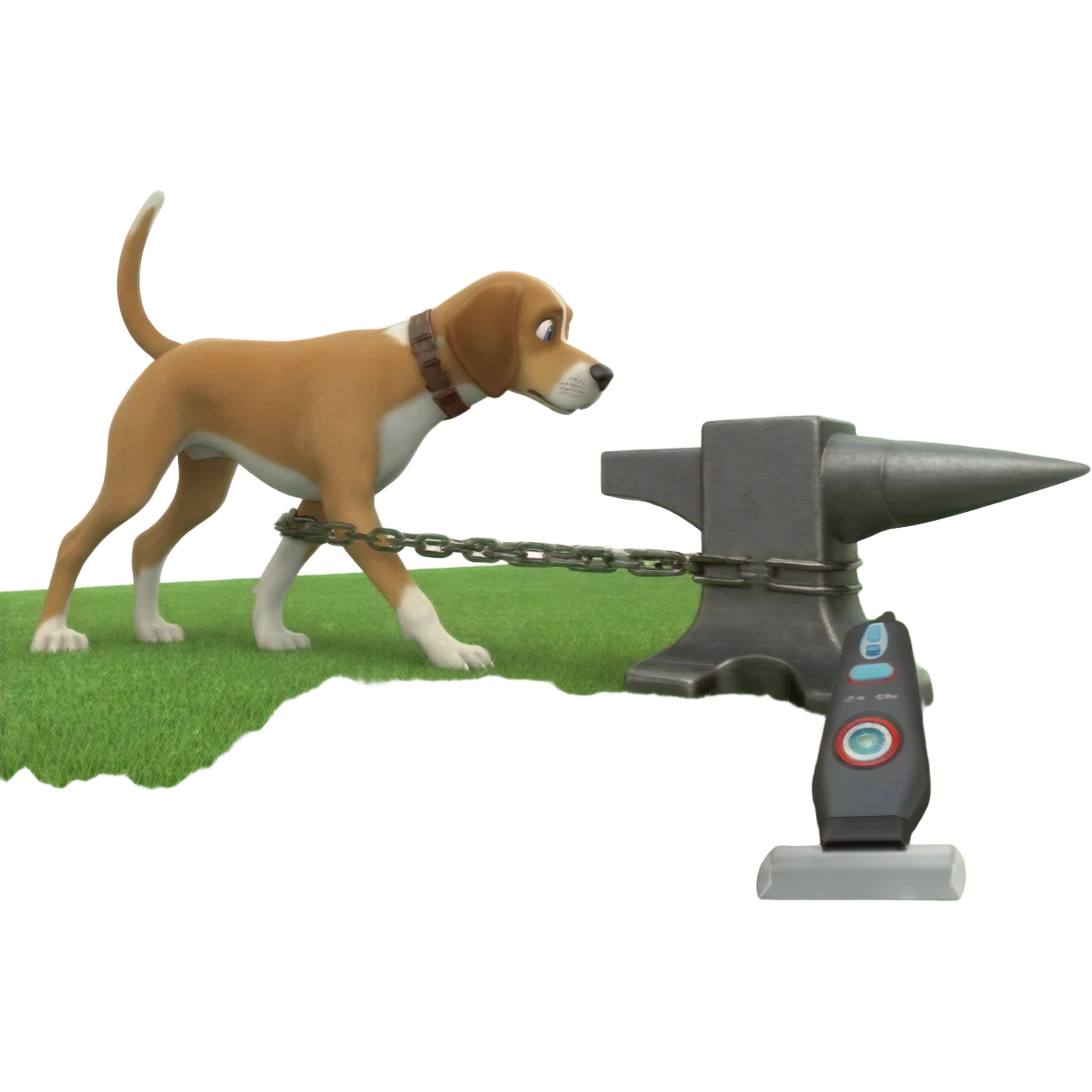 Have green grass bowling green under Pack hound standing pulling an anvil with  an electric shaver under anvil  show the green grass behind the anvil shaved lower cut grass path behind anvil.showing a shaven  path along green grass by leads or chains. Show the shaver cutting the grass emoji
