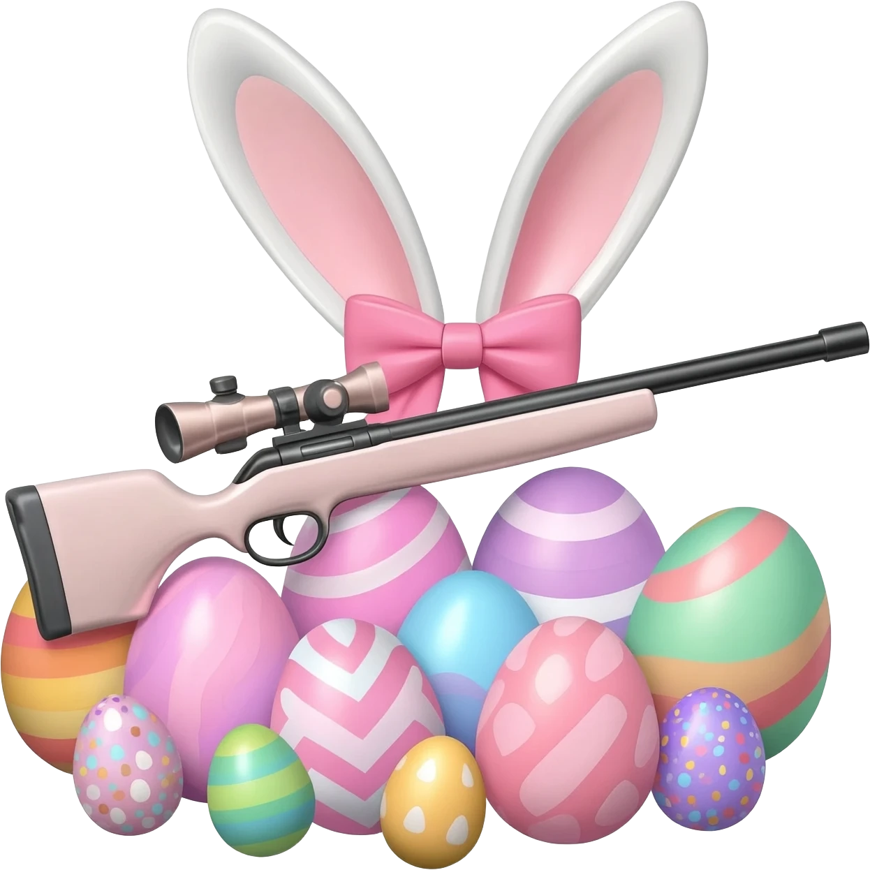 easter theme sniper rifle like with bunny ears and eggs and pink and a tie bow emoji
