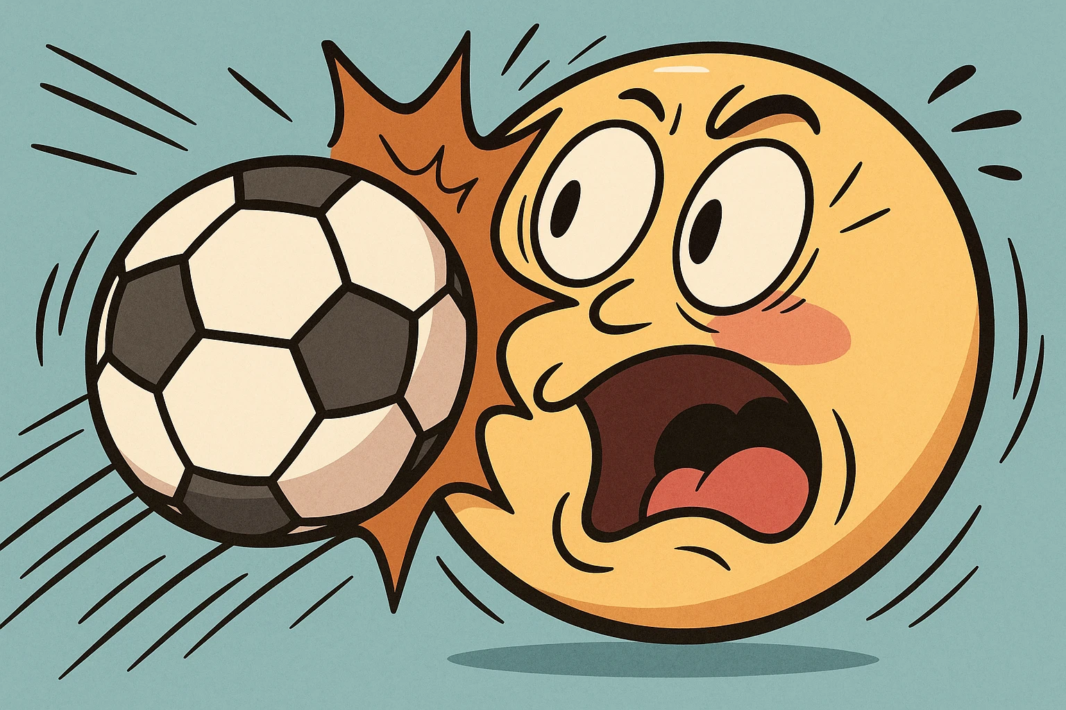 a soccer ball colliding with a smiley face, exaggerated motion, playful, vibrant colors, bold outlines, energetic, fun, animated, lively expression emoji