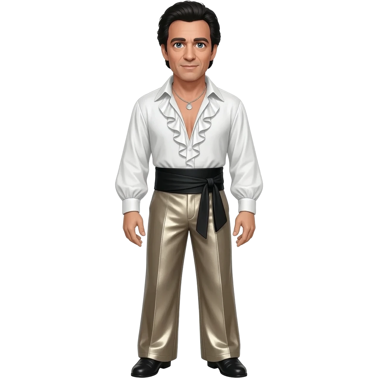 Oliver Reed with blue eyes, black hair, white metallic ruffle shirt, black obi belt, taupe metallic wide leg pants, silver necklace emoji