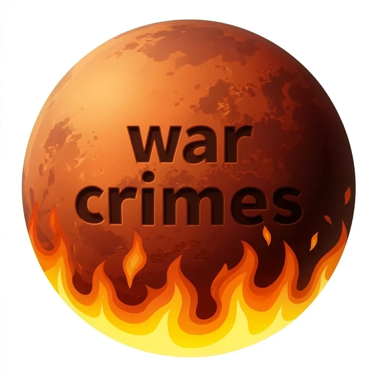 a red burning planet that has the words "war crimes" written on it in black letters, in a realistic planet burning style, like the sun emoji