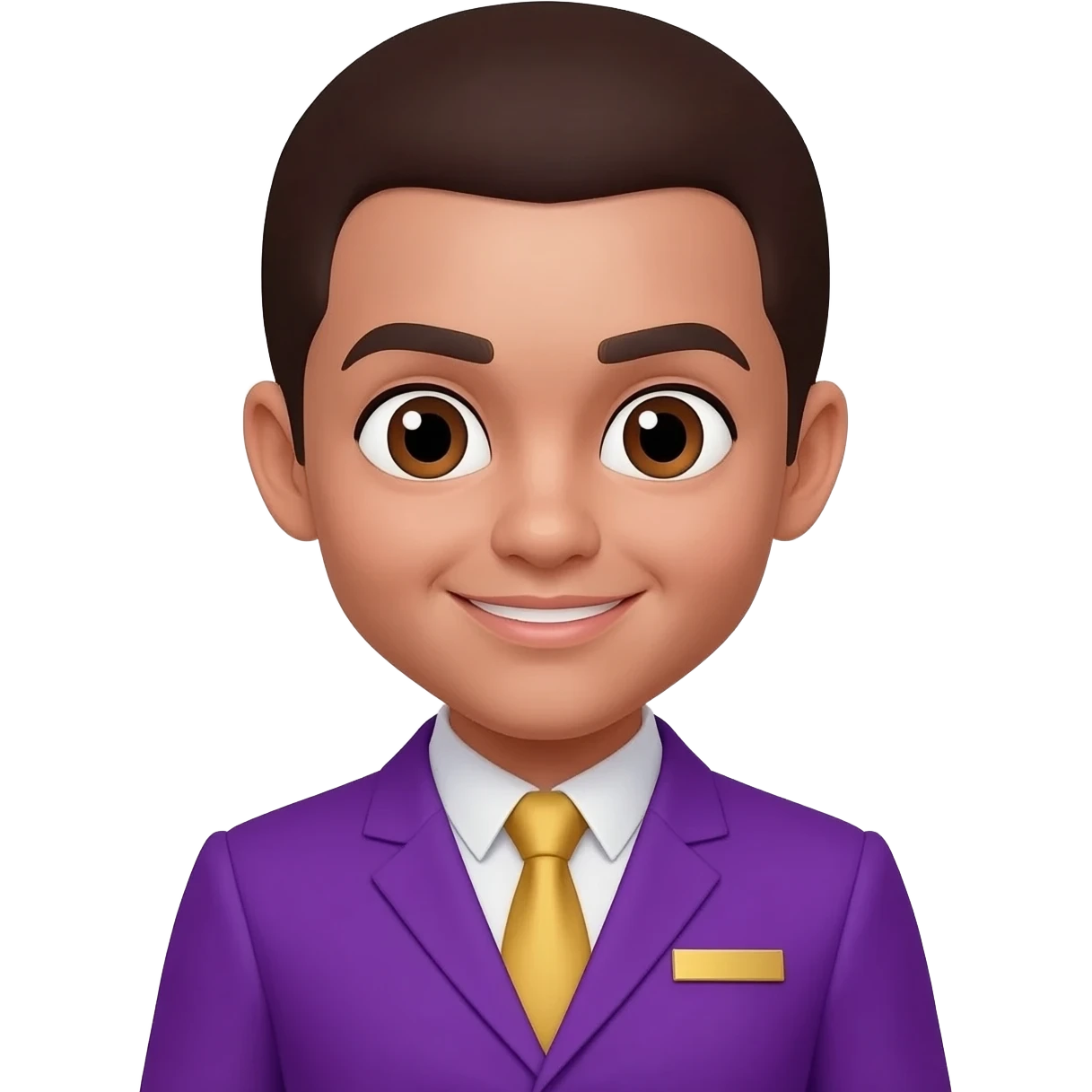 Use a clean modern anime illustration style similar to corporate training avatars. Large expressive brown eyes, soft shading, smooth skin, friendly smile, purple and gold professional uniform, simple neutral background, high-quality 2D anime portrait. emoji