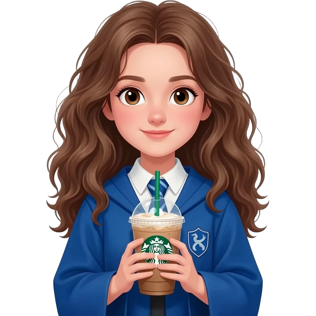 a girl with messy wavy hair in a blue Ravenclaw robe, she's standing and holding an ice starbucks americano in her hands emoji