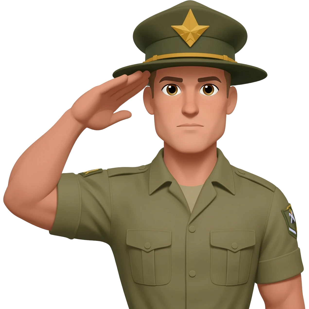 Make his soul, shoulders, broader, and more muscular; change the cap to the drill, instructor hat, and in a salute emoji