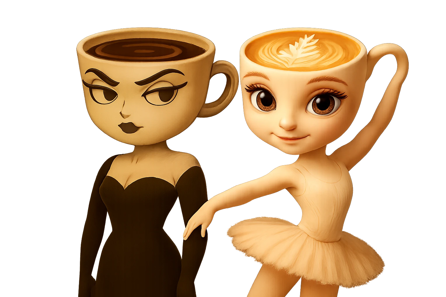 Edit the image to adjust the coffee character's arms so they are straight down at her sides, keeping the rest of the pose and style the same. Keep the ballerina character unchanged. Transparent background. emoji